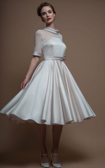 Half Sleeve Satin Knee-length Wedding Dress With Illusion top