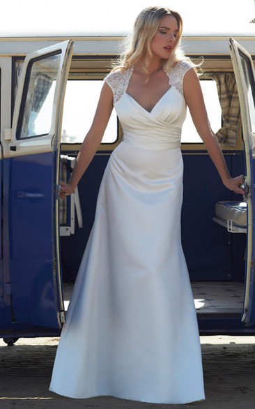 Queen Anne Satin Ruched Long Dress With Sweep Train And Illusion