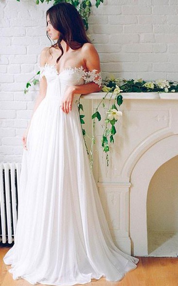 Off-the-shoulder Chiffon Lace Cap Short Sleeve Wedding Gown