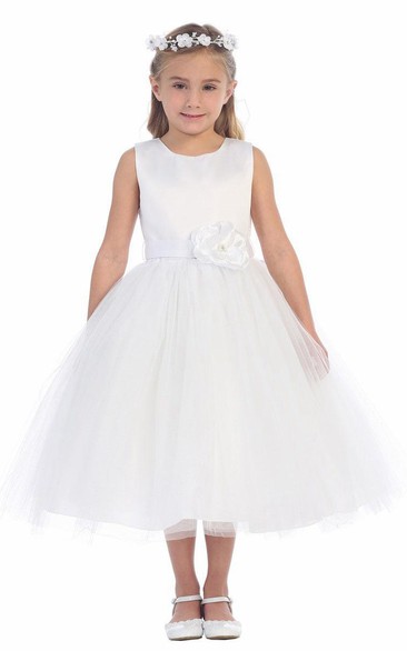 Tulle Embroidery 3-4-Length Floral Flower Girl Dress