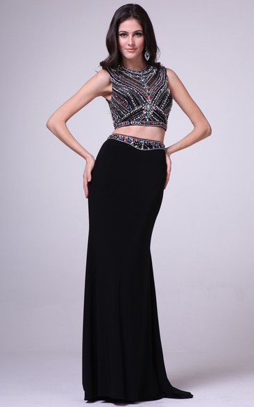 2-Piece Illusion Crystal Column Full-Length Sleeveless Jewel-Neck Jersey Dress