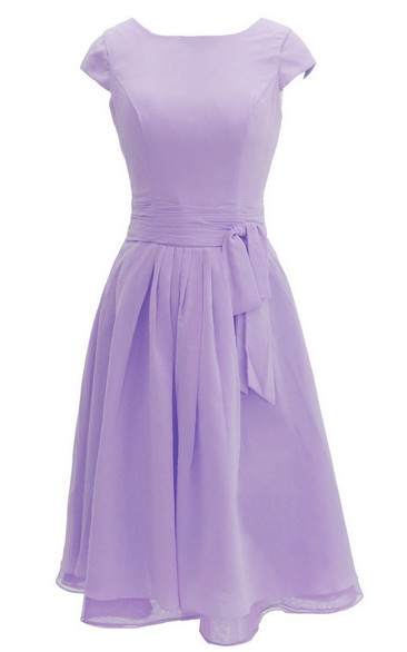 Chiffon Sash Midi-Length Cap-Sleeved Dress
