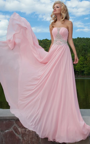 Chiffon Strapless Ruched A-line Dress With Beading