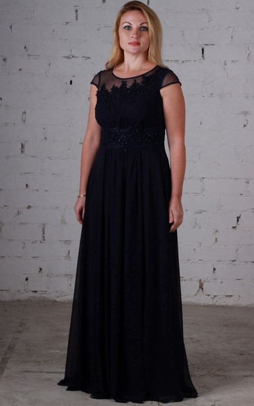 Short-Sleeve Beaded Bateau-Neck Empire Chiffon Dress