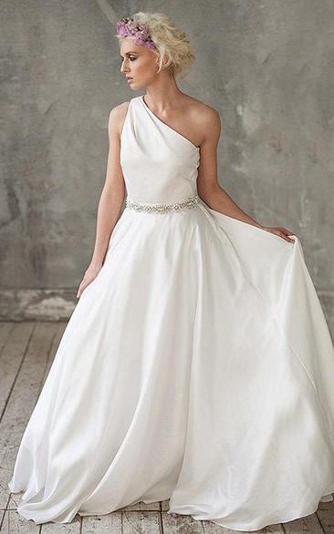 One-shoulder Sleeveless Floor-length Dress With Jeweled Waist