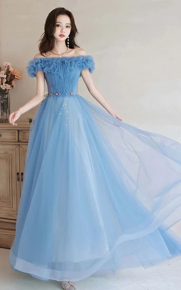 Romantic Off the Shoulder Empire A Line Tulle Dress with Ruffles and Corset