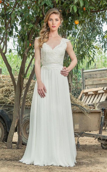Plunged Cap-Sleeve Lace Chiffon Pleated Wedding Dress With Low-V Back