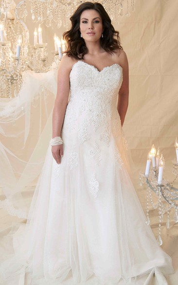 Sweetheart Appliqued A-line Tulle plus size wedding dress With Corset Back 