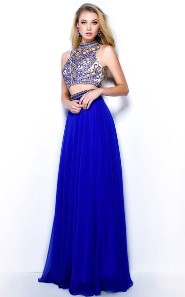 High Neck Sleeveless Jersey Two Piece Prom Dress With Beading And Illusion