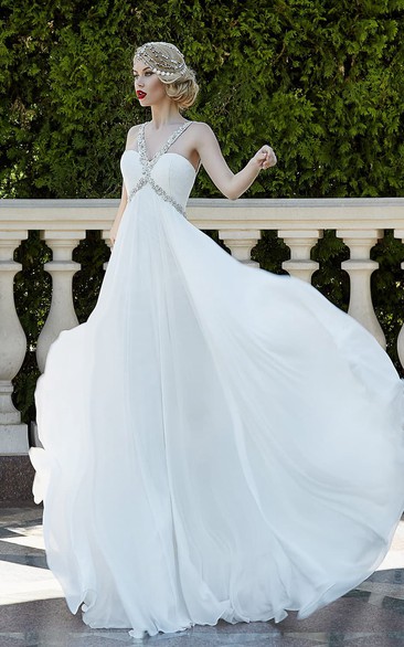 Sleeveless Rhinestone Chiffon Floor-Length A-Line Lace-Up Gown