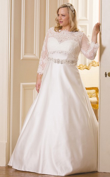 Bateau A-line Satin plus size wedding dress With Lace top And Embellished Waist
