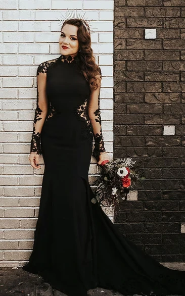 Gothic Black High Neck Trumpet Style Long Sleeve Illusion Satin Wedding Dress with Court Train 