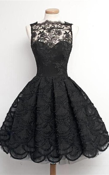 Lace Bateau Sleeveless A-line Dress With Appliques And Pleats