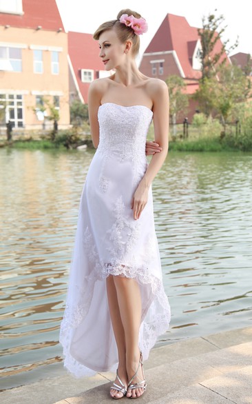 Strapless Lace Appliqued High-Low Organza Gown