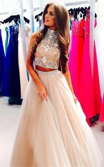 Prom Rhinestoned Tulle A-Line Two-Pieces Gorgeous Dress