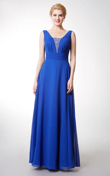 Sleeveless Rhinestone Inspire Deep-V-Back Chiffon Gown