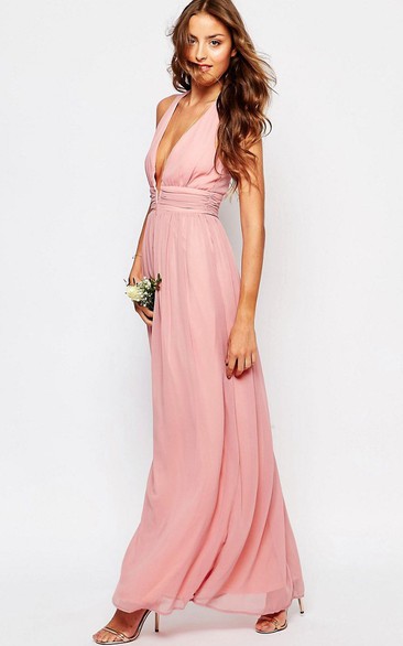 Plunged Sleeveless Chiffon Ankle-length Dress With Zipper
