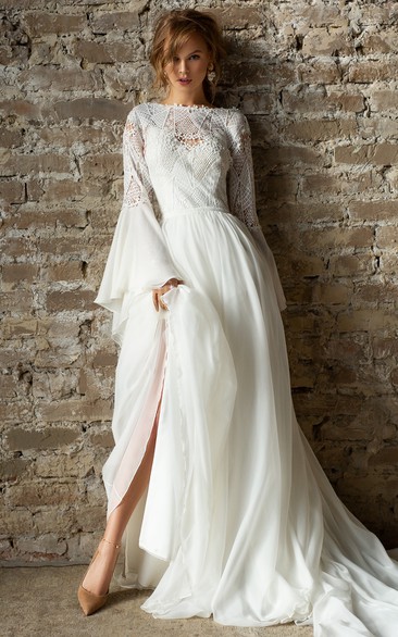 Bateau-neck Lace Bell Long Sleeve Chiffon Empire Deep-v Back Wedding Dress
