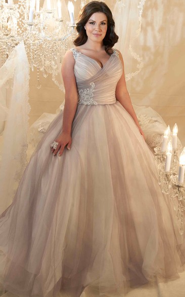 Tulle Criss cross Ruched plus size Ball Gown With Beading