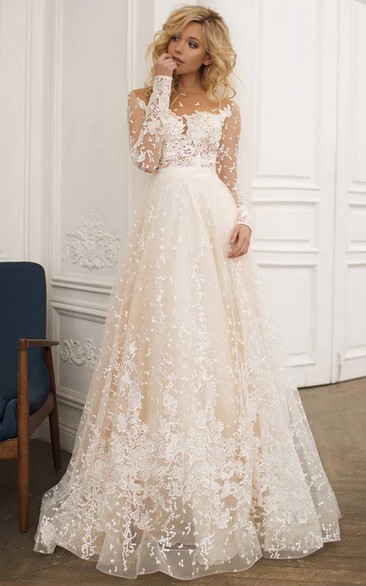 Elegant Illusion Long Sleeve Tulle A-line Wedding Dress with Lace Applique