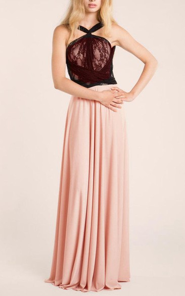 Two-tone Haltered Chiffon Floor-length Dress With bow And Lace top