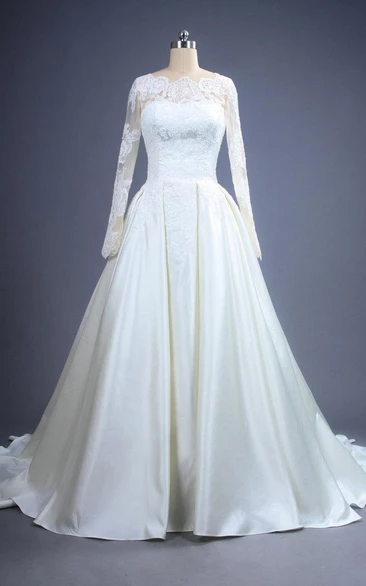 A-Line Lace Bodice Wedding Floor-Length Dreamy Satin Dress