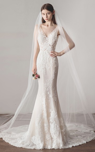 Sleeveless Simple Mermaid Wedding Dress With V-neck Lace And Illusion Top With Deep V-back