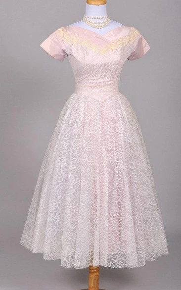 Short Sleeve A-line Tea-length Lace Dress With Pleats And Zipper