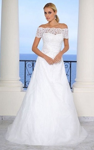Off-the-shoulder Short Sleeve A-line Wedding Dress With Lace 