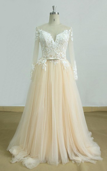 Tulle Satin Long-Sleeve A-Line Wedding Lace Gown
