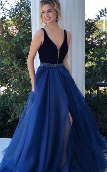 A Line Tulle V-neck Sleeveless Floor-length Sweep Train Evening Dress With Low-V Back