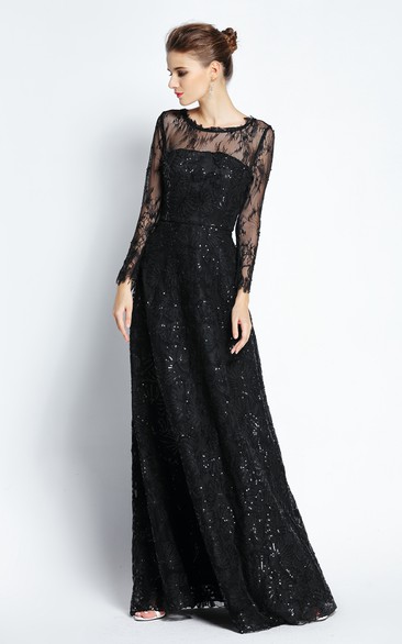 Floor-length A-Line Bateau Scalloped Long Sleeve Lace Prom Dress with Sequins