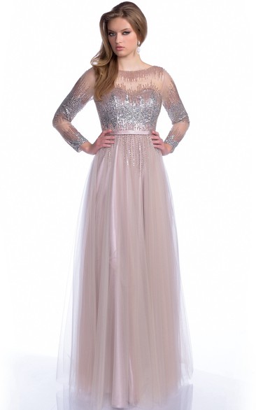 Bateau Neck Long Sleeve A-Line Tulle Prom Dress With Sequined Bodice