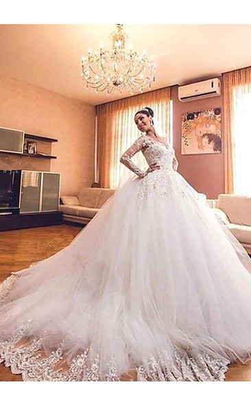 V-neck Lace Tulle Illusion Long Sleeve Wedding Gown