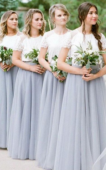 Jewel Lace Tulle Short Sleeve Floor-length Bridesmaid Dress with Pleats