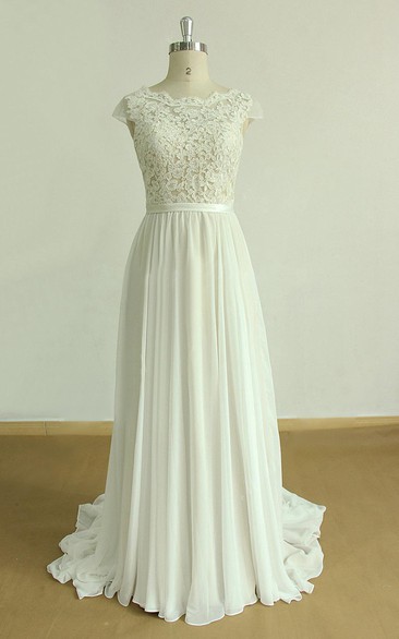 Cap-sleeve Pleated A-line Lace Chiffon Wedding Dress With Low-V Back