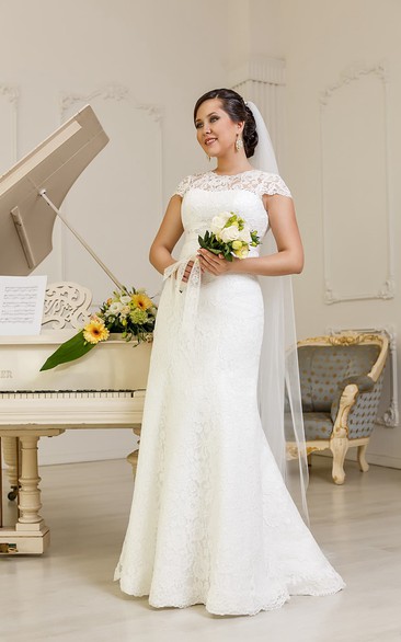 Cap-Sleeve Satin Sash Jewel Floor-Length Column Lace Dress