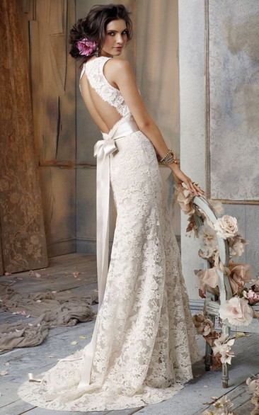V-Neckline Bow At Back Sleeveless Delicate Lace Gown