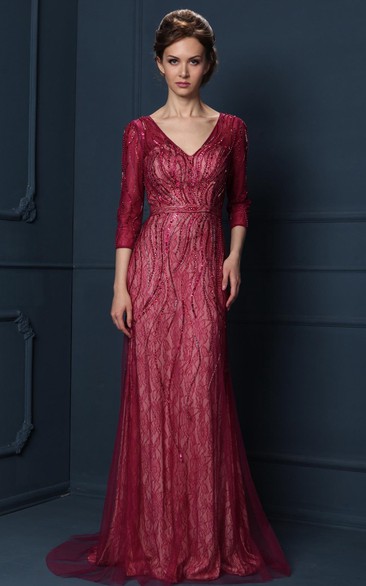 Sheath V-neck 3/4 Length Sleeves Floor-length Tulle Wedding Guest Dress with Illusion and Beading