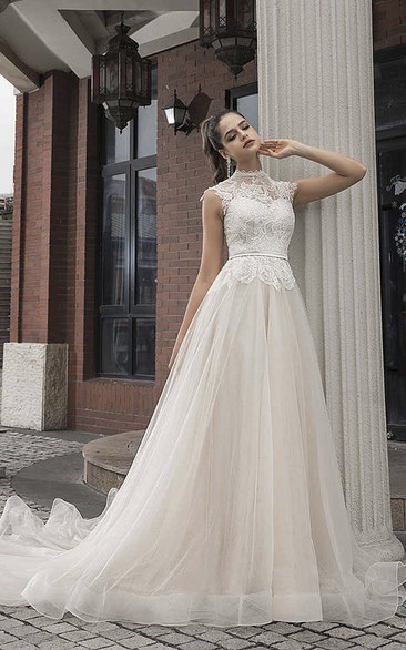 Vintage High Neck Cap Sleeve Lace Tulle Bridal Gown With Button Back
