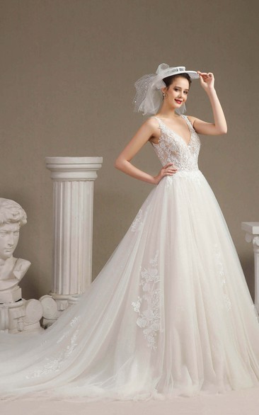 Sleeveless Ballgown Sexy Plunging V-neck Wedding Dress With V-back And Lace Appliques