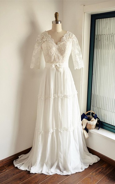 Lace Low-V Back Wedding Chiffon Backless Satin Dress