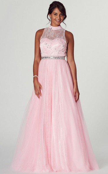 High Neck A-line Lace Tulle Dress With Beading And Keyhole back