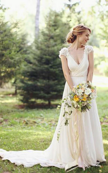 Chiffon Brush Train Bridal V-Neckline Modern Floral Dress