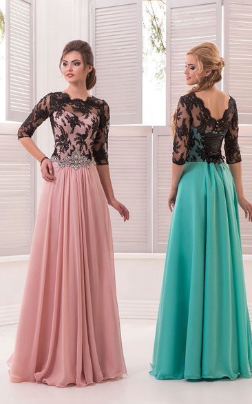 A-Line Floor-Length Sweep High-Neck Half Sleeve Chiffon Beading Lace Low-V Back Dress