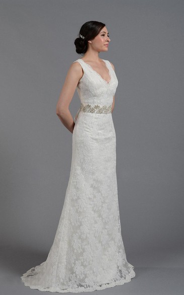 Long Rhinestone Lace V-Neckline Elegant Wedding Floor-Length Gown
