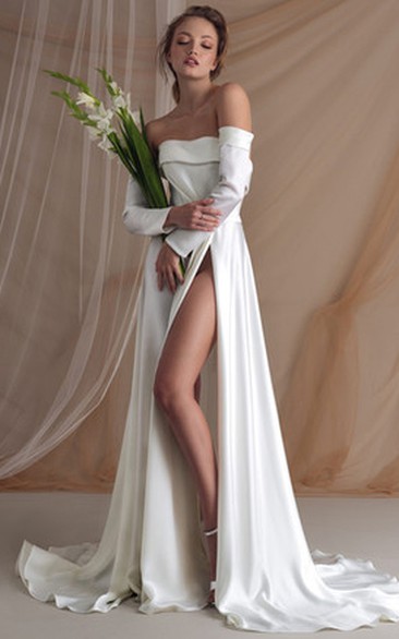 Sexy A Line Off-the-shoulder Satin Floor-length Long Sleeve Wedding Dress with Ruching