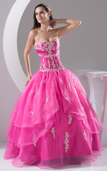Sweetheart Ruched-Bodice Appliqued Strapless Pleated Ball Gown