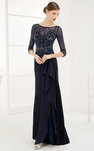 Sheath Scoop 3/4 Length Sleeves Floor-length Chiffon Mother of the Bride Dress with Illusion and Beading