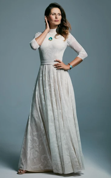 High-neck 3-4-sleeve Modest Floor-length Pleated Keyhole Wedding Dress